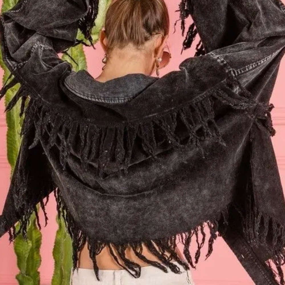BiBi Black Fringe Distressed Light Weight Jacket - Picture 3 of 8
